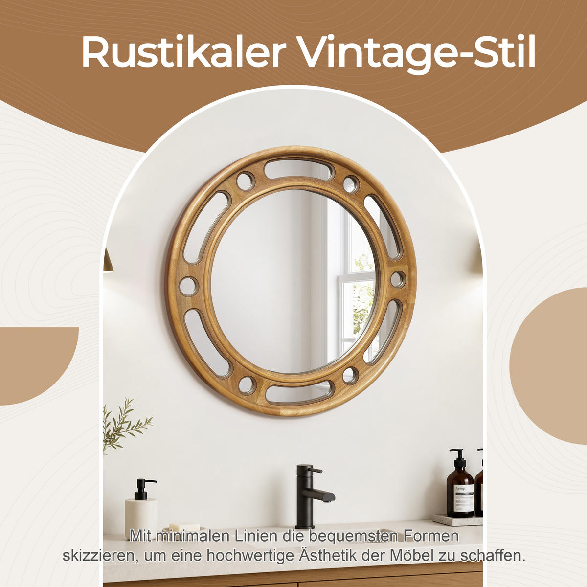 RUNDER Gummiholz Spiegel Natur Ø60×H60cm für Flur Bad Wohnzimmer - Erlefarben, Naturmaterialien (3.5/60/60cm) - Hometopia