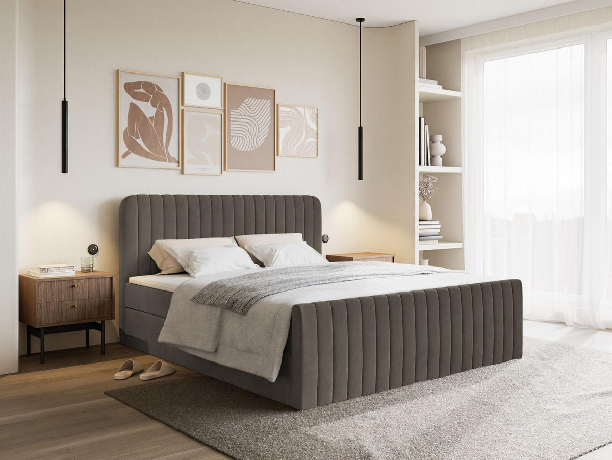 BOXBETT Saliano mit Topper und Samtbezug Braun, 180x200 cm - Braun, Kunststoff/Textil (180/200cm) - Selsey
