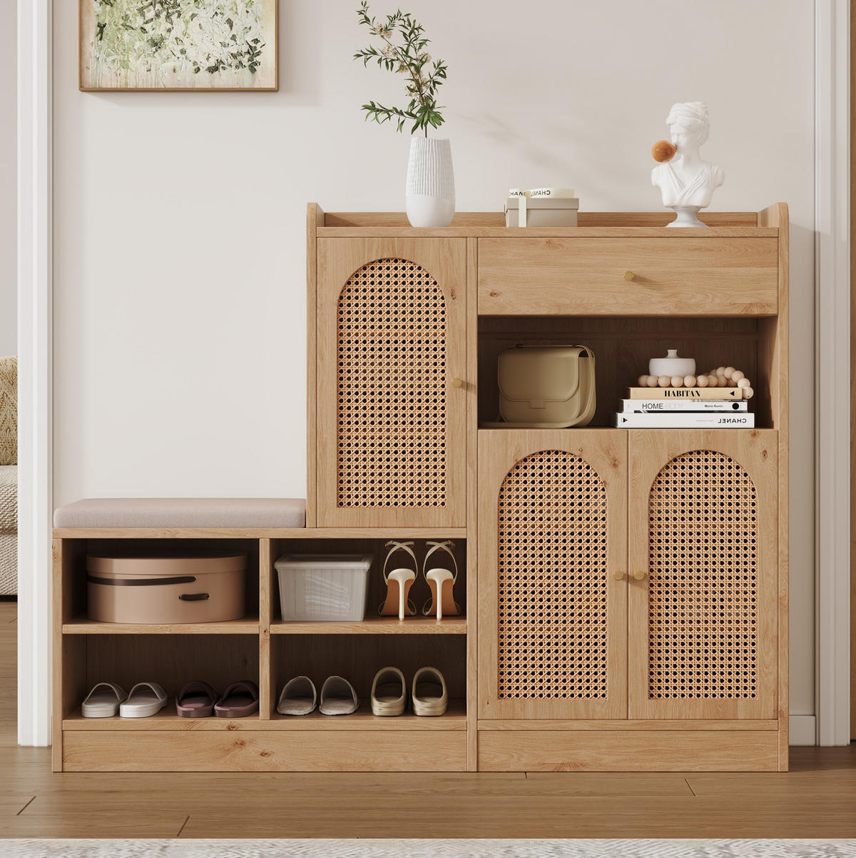 SCHUHSCHRANK 142/35/110 cm mit gepolsterter Sitzbank, Schublade und 3 Rattantüren aus Spanplatte, Natural - Naturfarben, Holzwerkstoff (142/110/35cm) - Redom