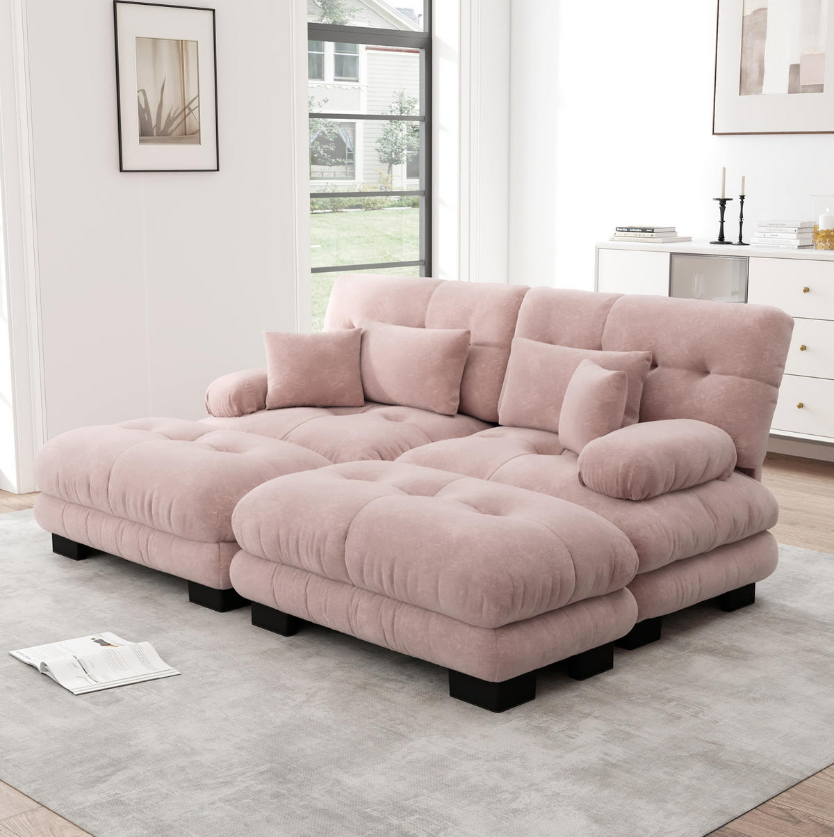 SOFA in Rosa aus Chenille mit 2 Ottomane, 2 Lenden- und 2 Dekokissen - Pink, Textil (145/81/220cm) - Flora Grace