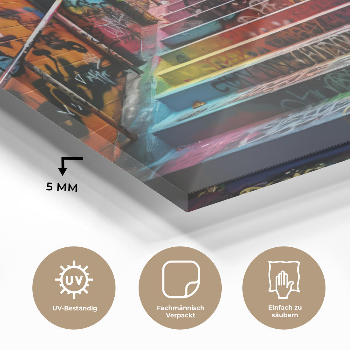 ACRYLGLASBILD Treppe - Graffiti - Farben - Kunst 90x60 cm - Multicolor, Glas (90/60cm) - MuchoWow