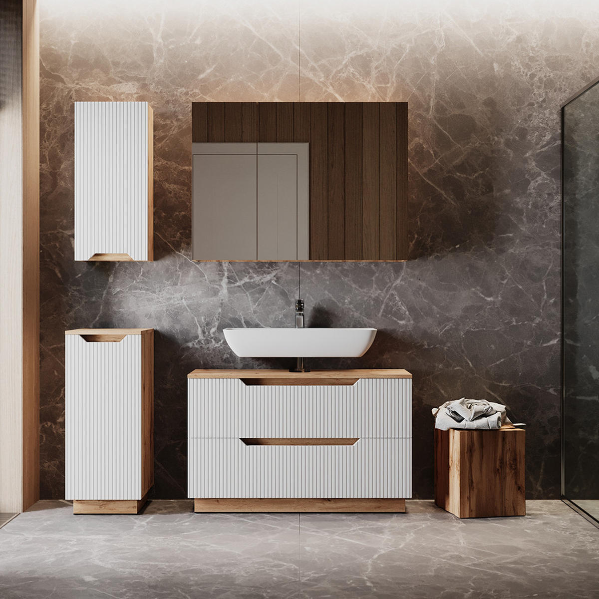 BADMÖBEL-SET Lotta Eiche/weiß gestreift 4 Teile - Eichefarben/Weiß, Holzwerkstoff (99.4/62.5/32cm) - Vicco