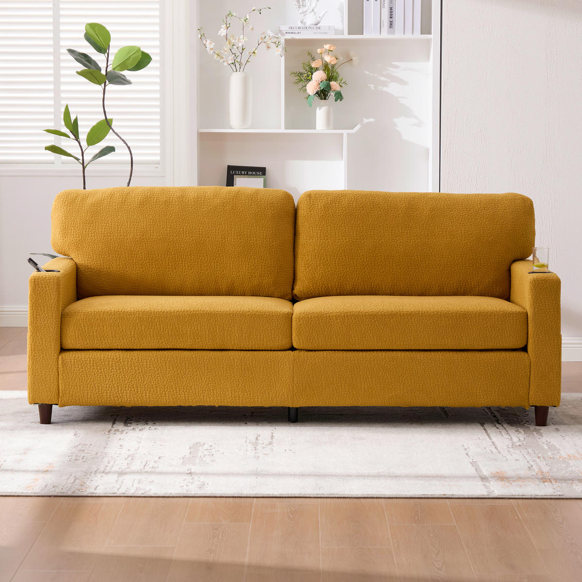 ZWEISITZER Sofa Chenille mit USB-Anschluss und LED Getränkehalter 203/77,5/86 cm Gelb - Gelb, Textil (77.5/86/203cm) - Redom