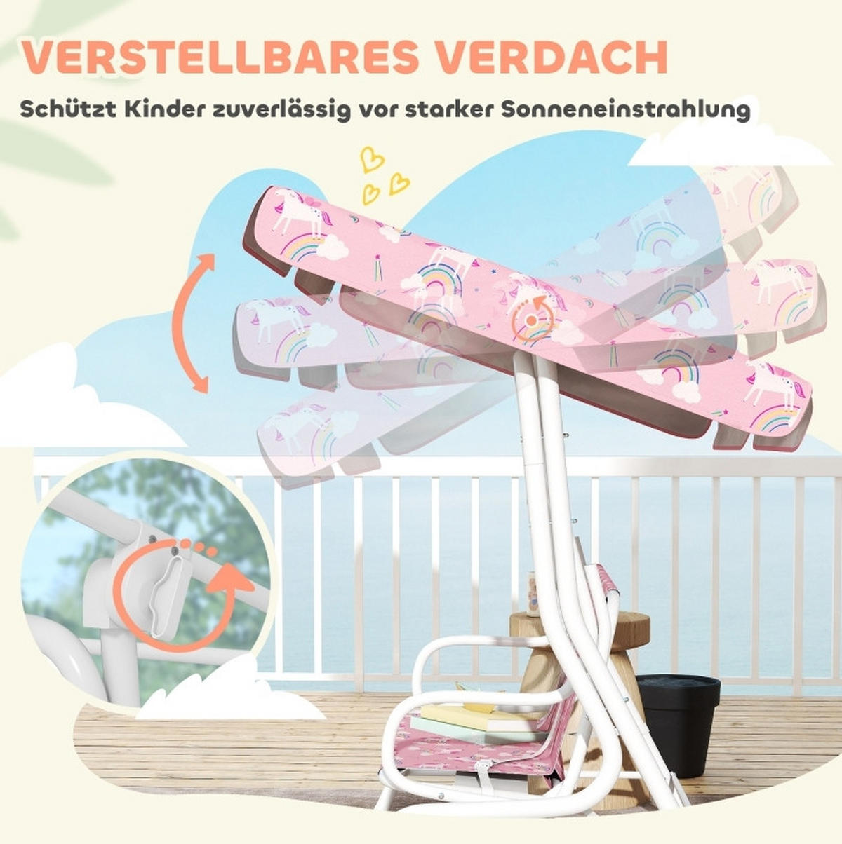 HOLLYWOODSCHAUKEL 112/75/120 cm mit verstellbarem Sonnendach und Sicherheitsgurt, Einhorn-Regenbogen-Design, Rosa - Rosa, Metall (75/120/112cm) - Redom