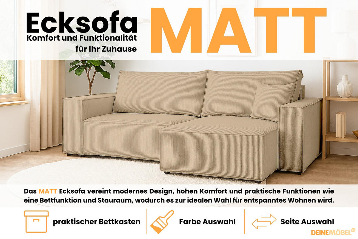ECKSOFA MATT 255/153 cm rechts in Cord Beige - Beige/Schwarz, Holz/Holzwerkstoff (255/153cm) - Deine Möbel 24