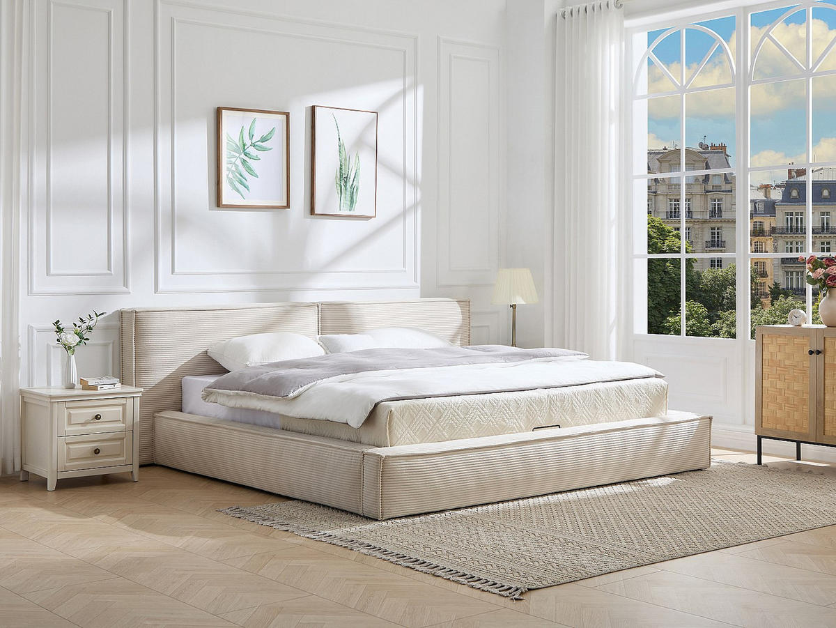 BETT mit Bettkasten - 2 Personen - Samt, Stoff - Beige - Beige, Textil (180/200cm) - Vente-Unique