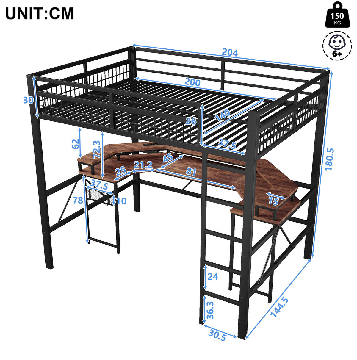 HOCHBETT aus Metall und MDF 140x200 cm Schwarz mit Schreibtisch, LED-Lichtleiste, USB-C und Steckdosen - Schwarz, Metall (140/200cm) - Modfu