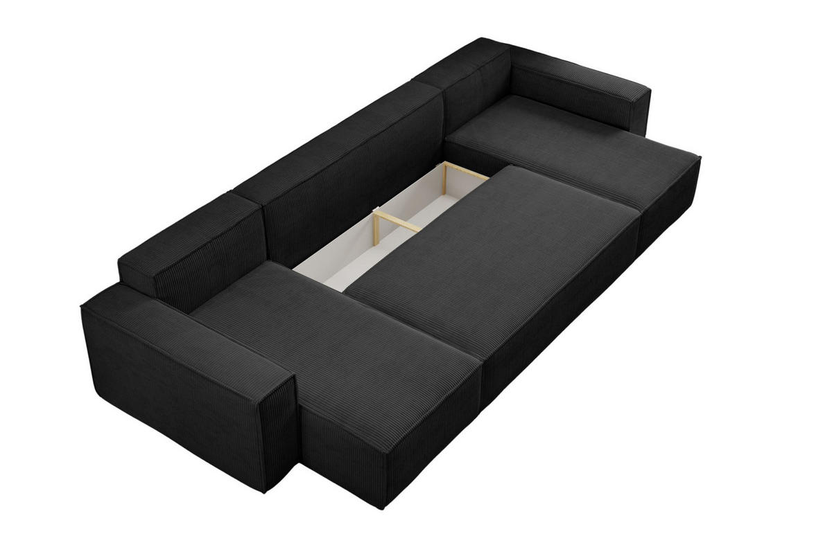WOHNLANDSCHAFT Hugo U-Form Cordstoff mit Schlaffunktion und Bettkasten - Schwarz, Textil (312/83/142cm) - VENASI MÖBEL