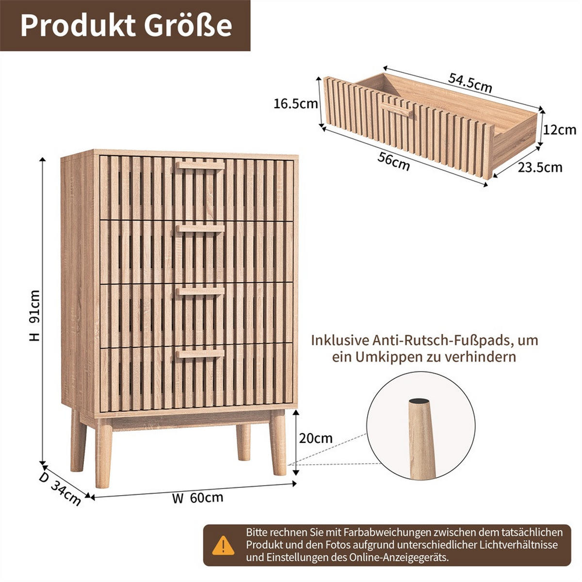 KOMMODE mit 4 Schubladen - gerillte Fronten und konische Beine - für Wohnzimmer und Schlafzimmer - Eichefarben, Holzwerkstoff (60/91/34cm) - DELFA