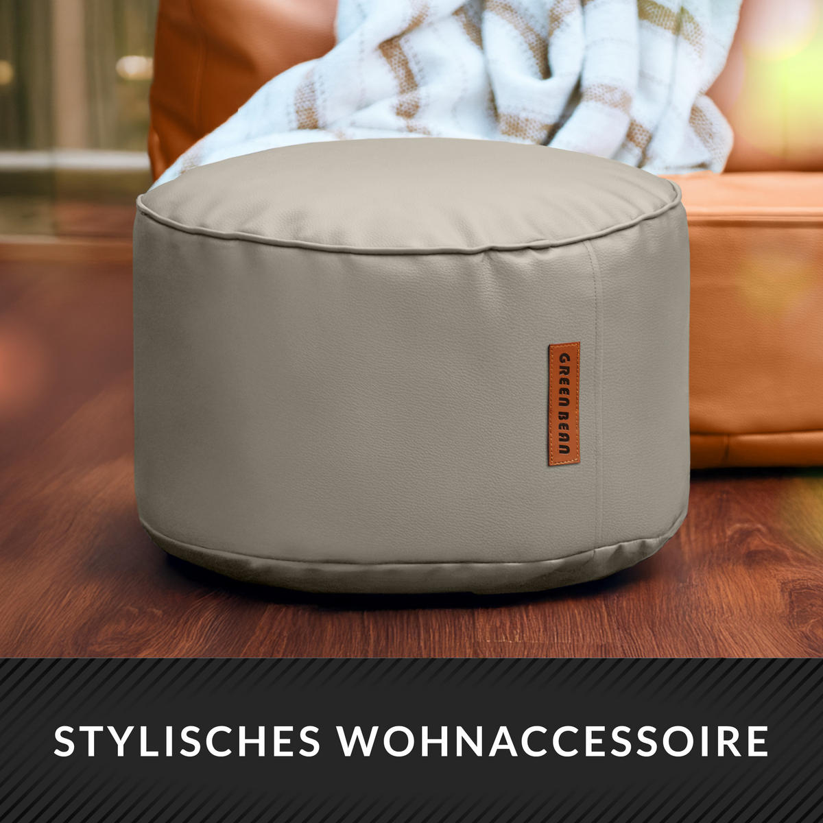 INDOOR HOCKER Stay rund Kunstleder - Hellbraun, Textil (43/30/30cm) - Green Bean