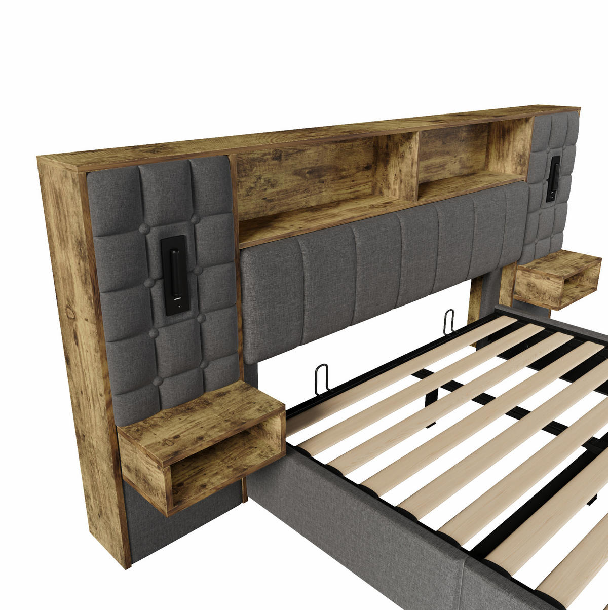 POLSTERBETT 160/200 cm aus Leinen mit Stauraum LED-Leselampen und Nachttischen Grau - Flieder, Textil (160/200cm) - Modenvie