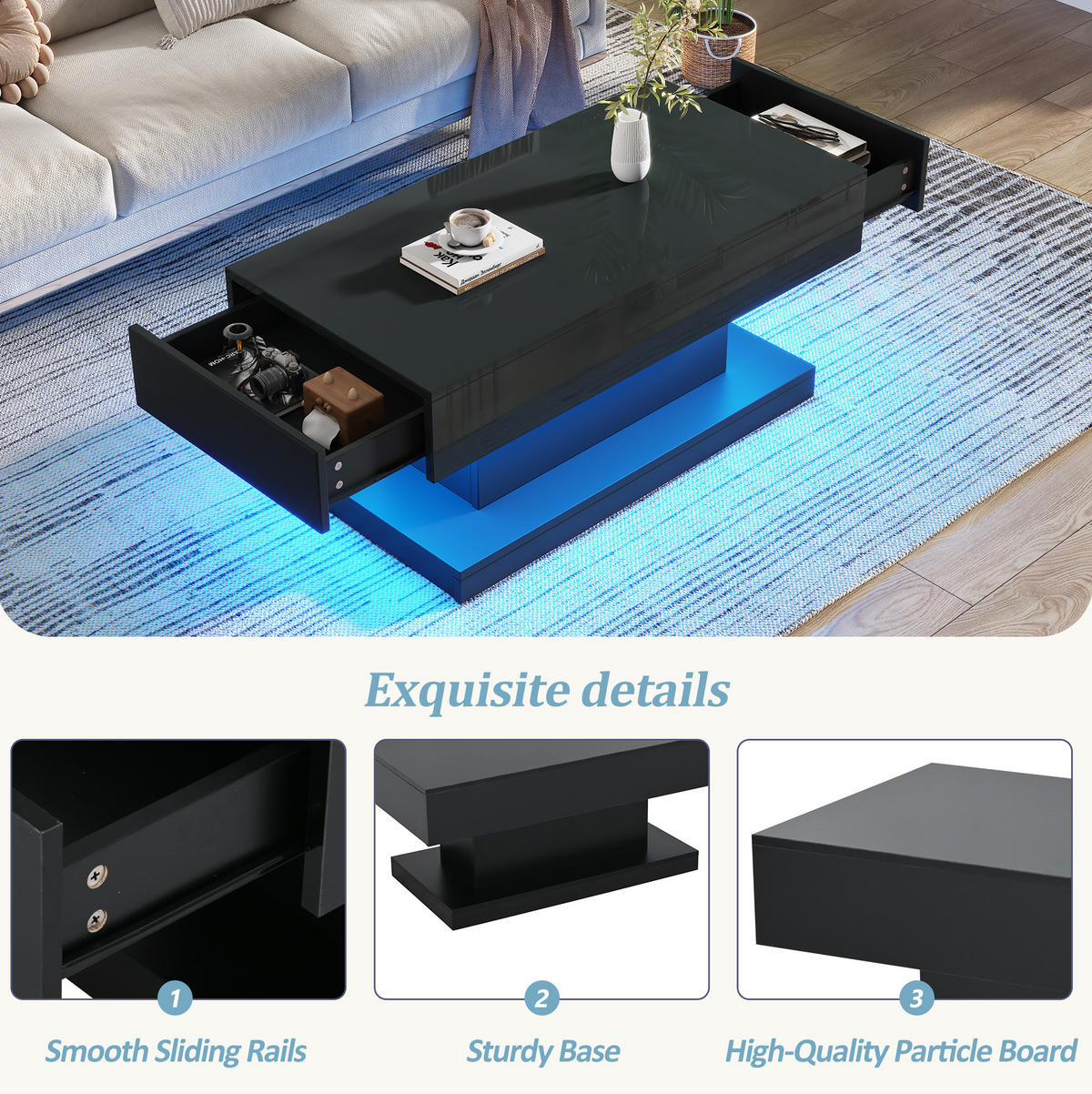 COUCHTISCH 100/50/45 cm Schwarz aus Spanplatte mit 2 Schubladen und LED-Lichtstreifen - Schwarz, Holzwerkstoff (100/50/45cm) - OKMYHOME