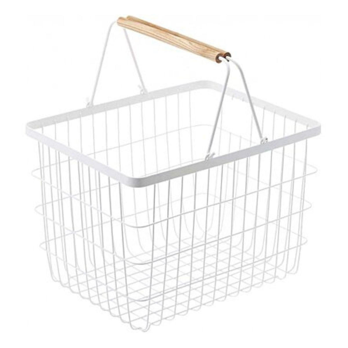 WÄSCHEKORB aus weißem Metall mit Holzgriffen H38,5cm - Weiß, Metall (41.5/38.5/31cm) - Yamazaki