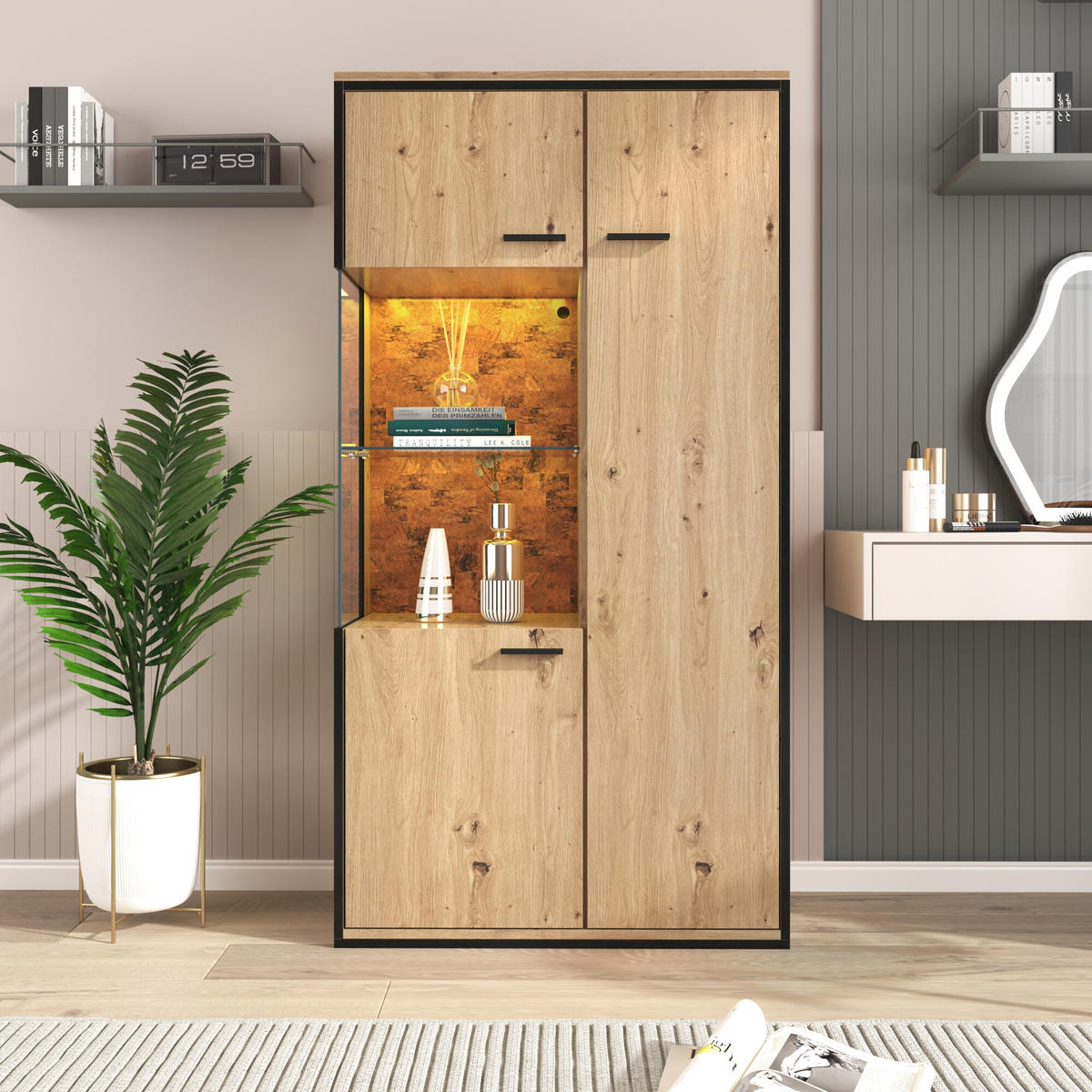 VITRINE-BUFFET Holzeffekt 78/40/150 cm - Braun, Glas/Holzwerkstoff (40/150/78cm) - Urban Meuble