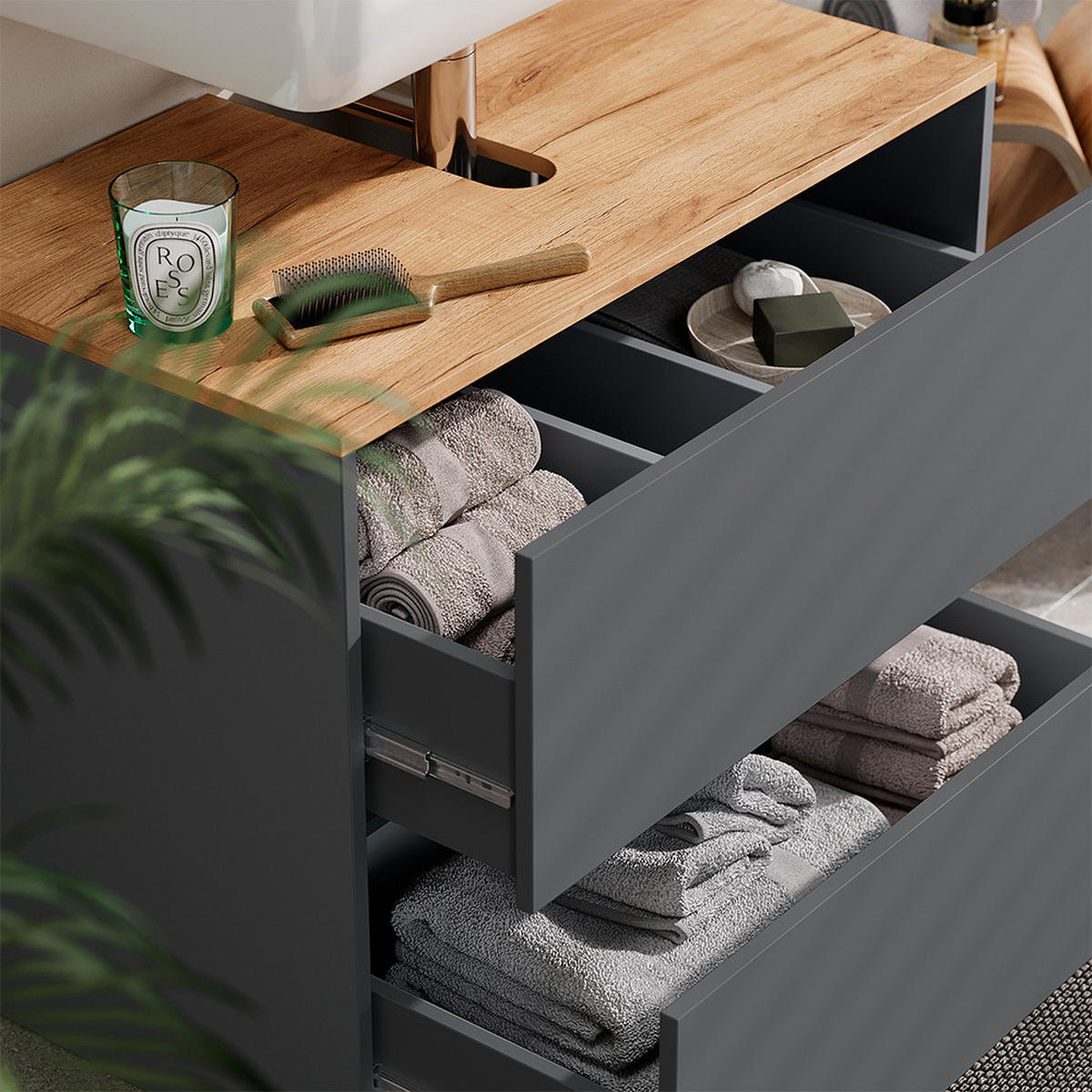 WASCHBECKENUNTERSCHRANK Viktor Anthrazit/Goldkraft Eiche 80.2 x 65 cm mit 2 Schubladen - Honigeiche/Anthrazit, Holzwerkstoff (80.2/65/45.5cm) - Vicco