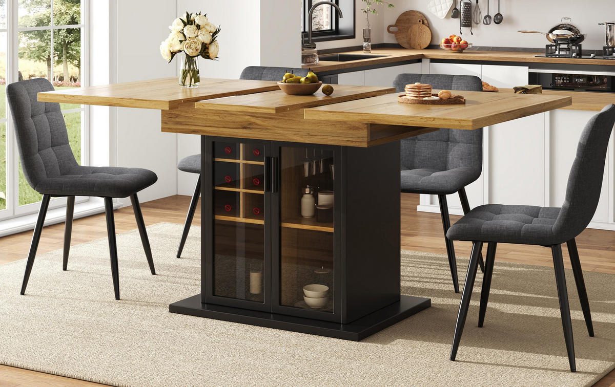 ESSTISCH 110-140x80x76 cm aus MDF mit Weinregal und Glastür ausziehbar - Naturfarben, Holzwerkstoff (80/140/76cm) - Modfu