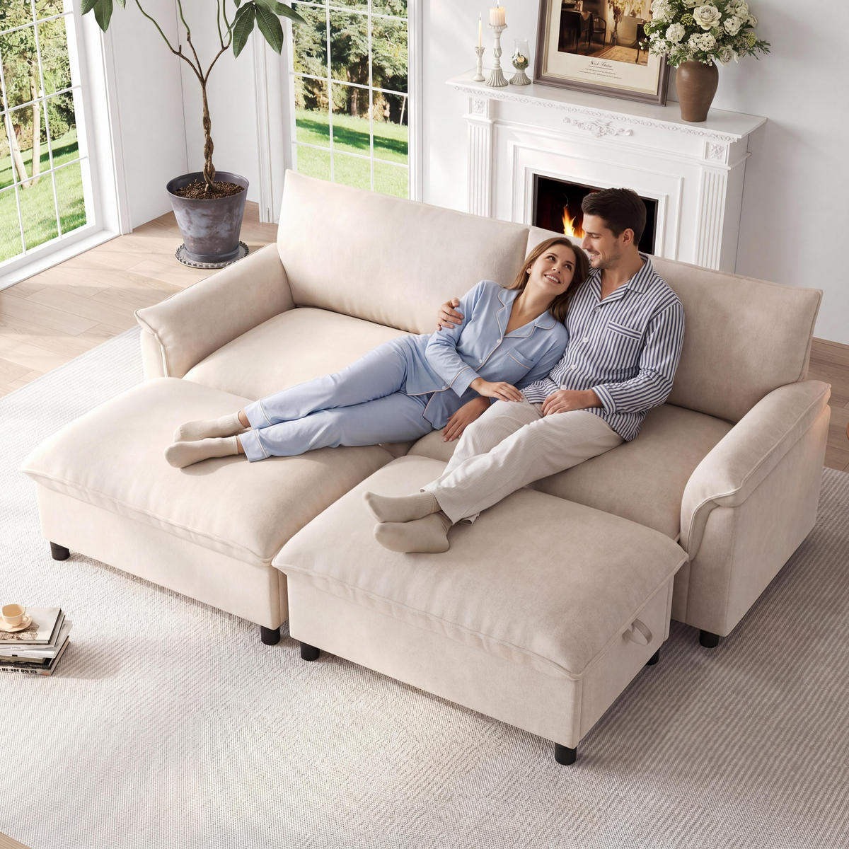 SOFA Beige U-Form Cloud Modular 2 Hocker Deep Seat 216cm - Beige, Textil (77/82/216cm) - FLIEKS