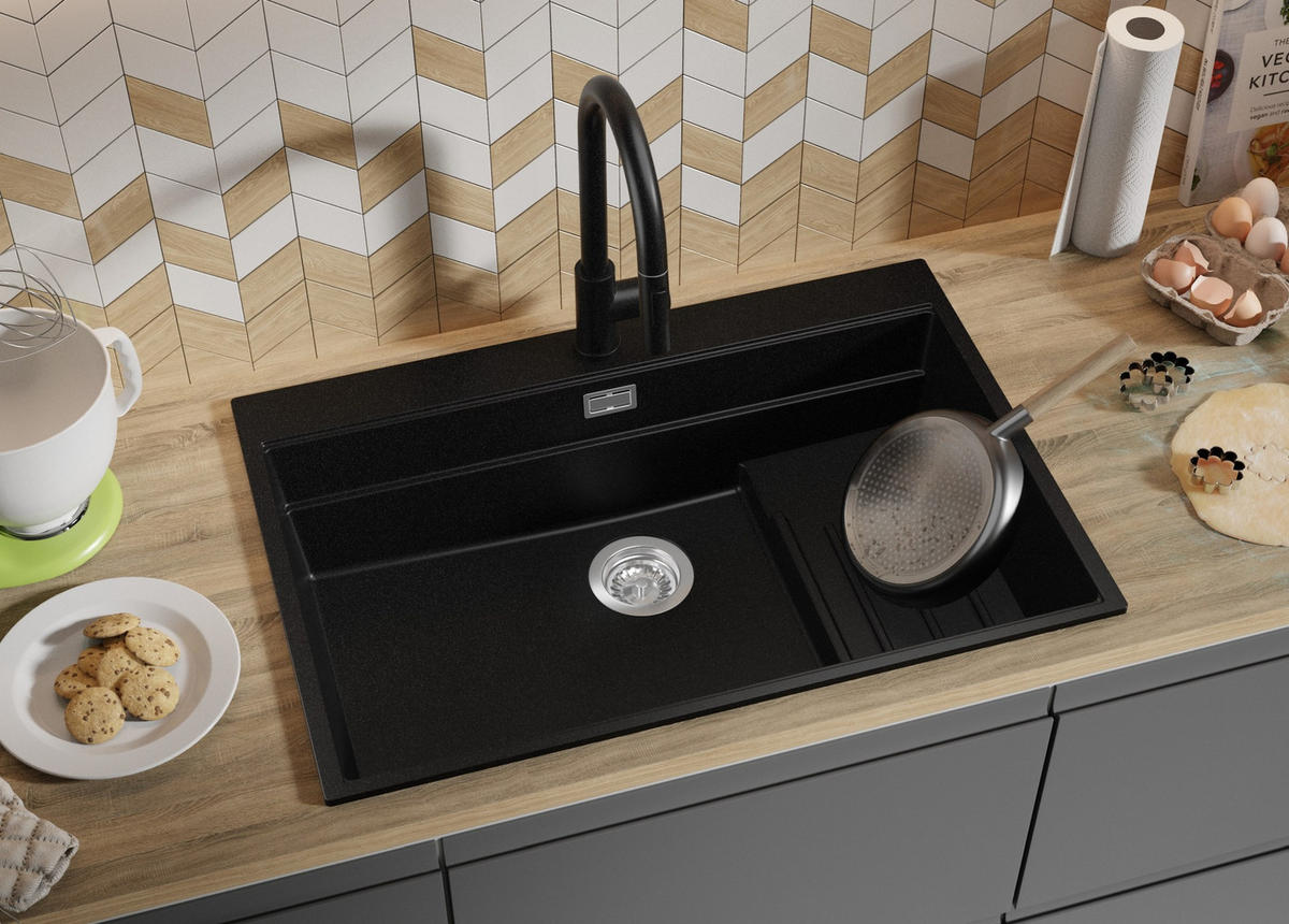 GRANITSPÜLE Oslo Max, 2-er set Schwarz 78/53 cm 1 Becken + Küchenarmatur 40/38 cm + Ablauf-Set + Küchenzubehörset ab 80er Unterschrank - Chromfarben/Beige, Kunststoff (78/20/53cm) - Primagran