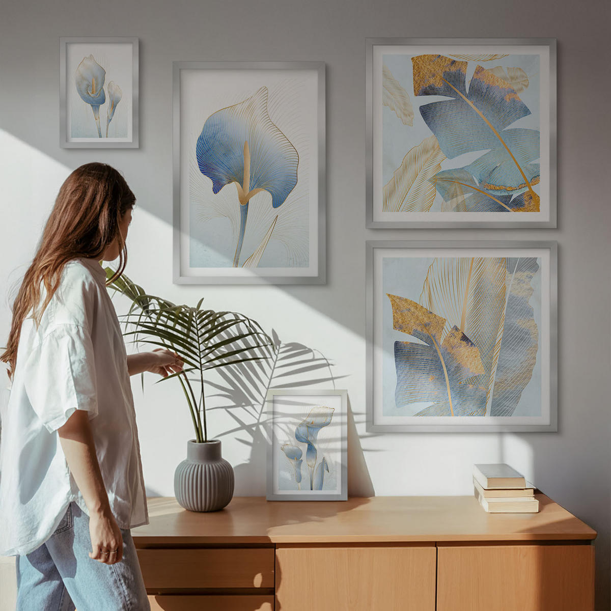 WANDBILDER 5er Set - 50x50 cm & 20x30 cm & 40x60 cm Silberner Rahmen - Blaue Blumen im Hintergrund - Silberfarben, Kunststoff (40/60cm) - ArtPrintCave