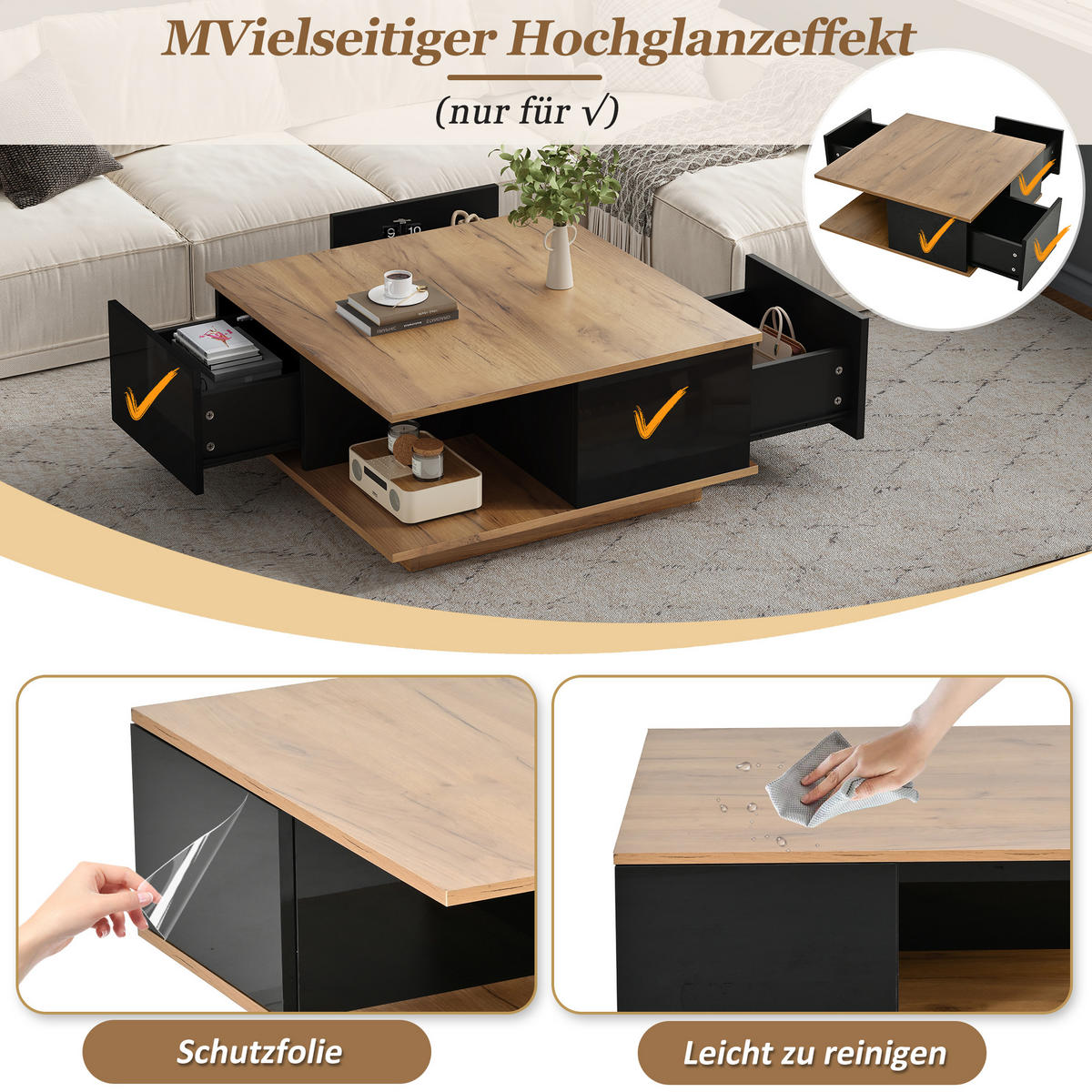 COUCHTISCH 70x70x31.5cm Schwarz Holzfarbe mit 3 Schubl. - Walnussfarben/Schwarz, Holzwerkstoff (70/70/31.5cm) - FLIEKS