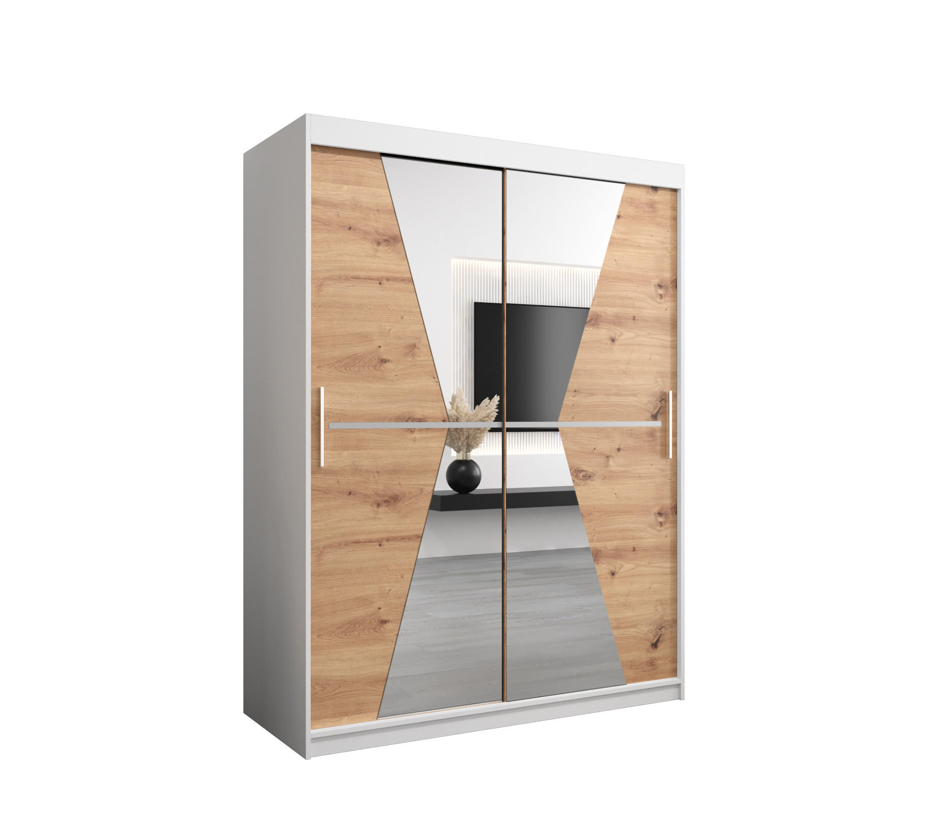 Abiks Möbel Schwebetürenschrank Weiß, Eiche Artisan 150x200x62 cm