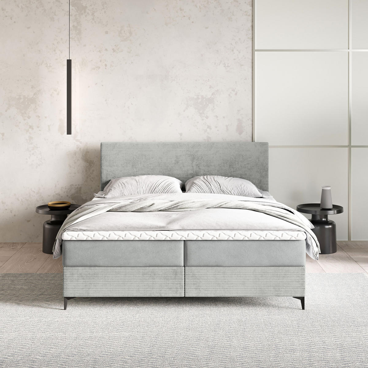 BOXBETT TORREL 140x200 cm mit Matratze und Topper - Hellgrau - Hellgrau, Holz (140/200cm) - MASSENO