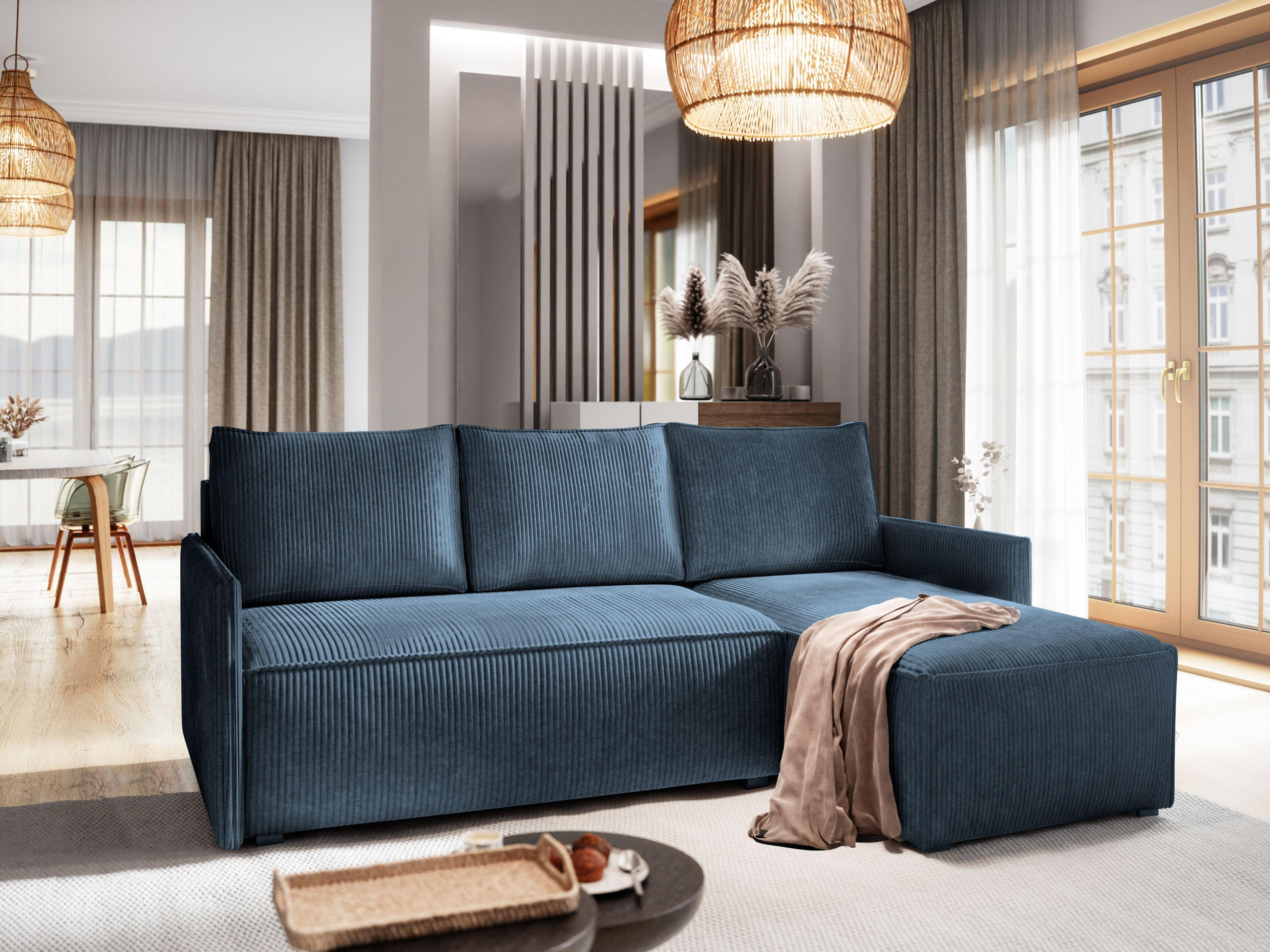 ECKSOFA PERUSI Blau Kordstoff mit Schlaffunktion - Blau, Holz (206/143cm) - MASSENO