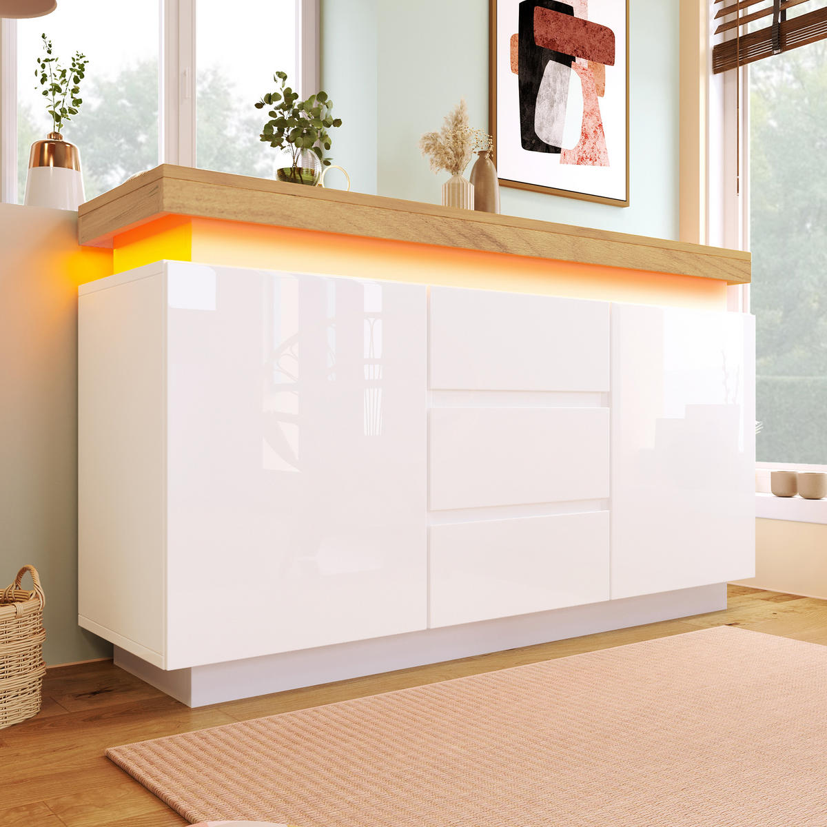 KOMMODE Hochglanz LED Stauraum mit verstellbaren Böden leise Schienen - Weiß, Holzwerkstoff (140/81/39cm) - EVRYAE