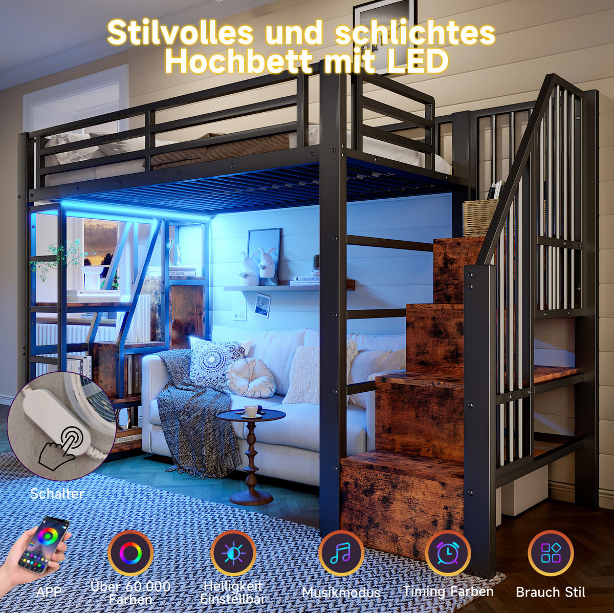 HOCHBETT 90/200 cm aus Metall und MDF mit LED-Lichtleiste, Stauraumstufen und Schutzgeländer, Schwarz - Schwarz, Holzwerkstoff (90/200cm) - Redom