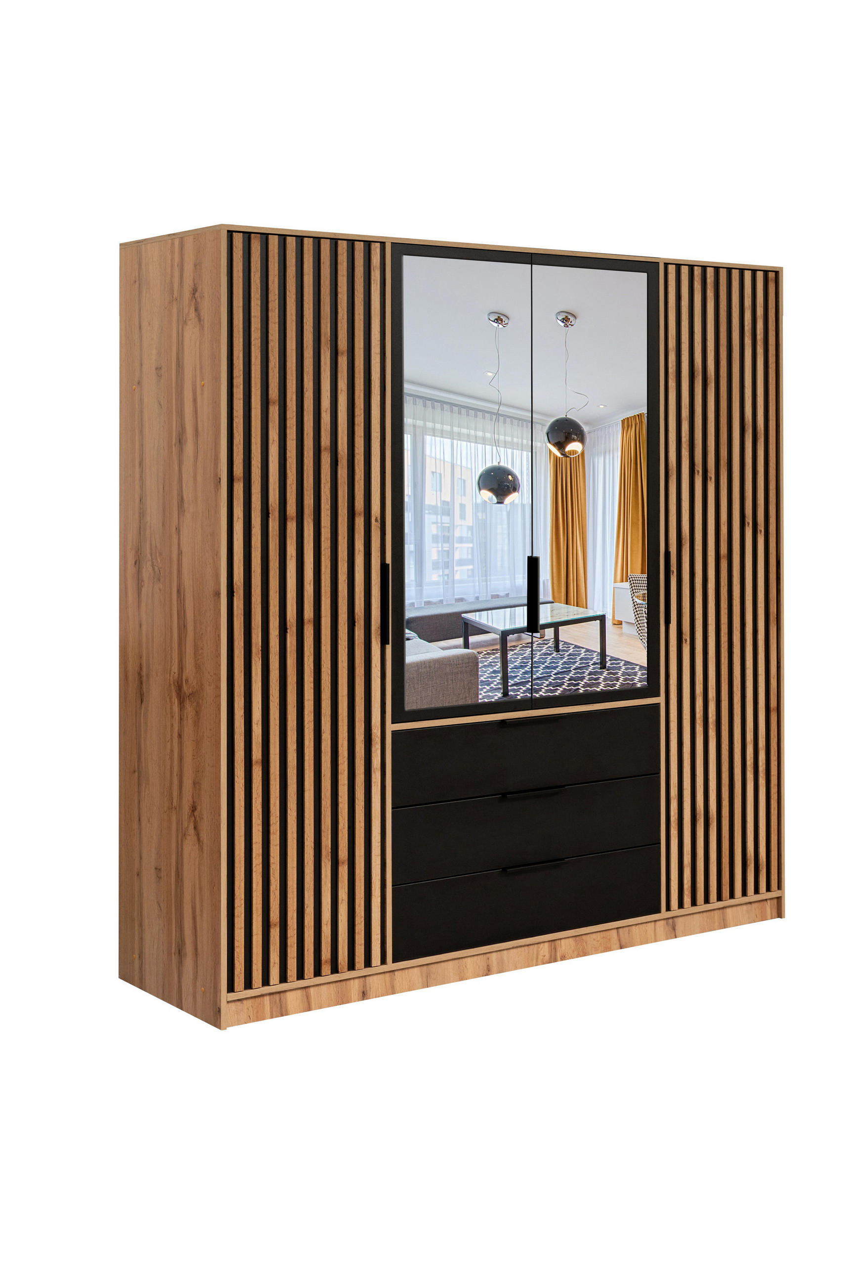 DREHTÜRENSCHRANK GAREN 196/200/57,5 cm 4-türig mit Spiegel Eiche Wotan - Eiche Wotan/Schwarz, Holzwerkstoff (196/200/57.5cm) - MASSENO