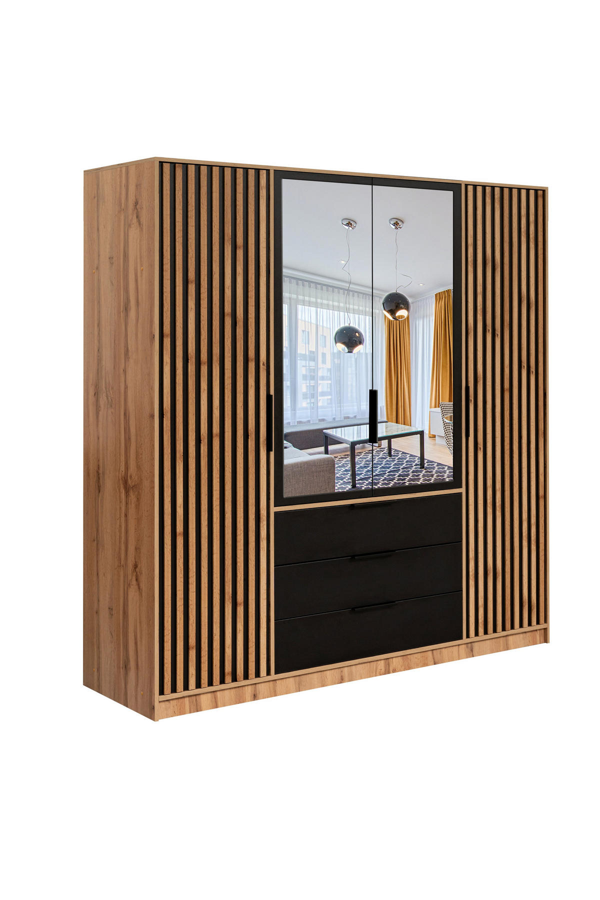 DREHTÜRENSCHRANK GAREN 196/200/57,5 cm 4-türig mit Spiegel Eiche Wotan - Eiche Wotan/Schwarz, Holzwerkstoff (196/200/57.5cm) - MASSENO