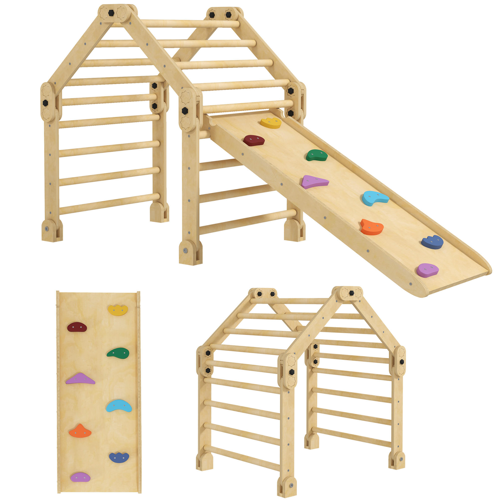 3 in 1 Klettergerüst Set mit Rutsche, Kletterdreieck zum Rutschen und Klettern - Multicolor, Holzwerkstoff (70/59/175cm) - AIYAPLAY
