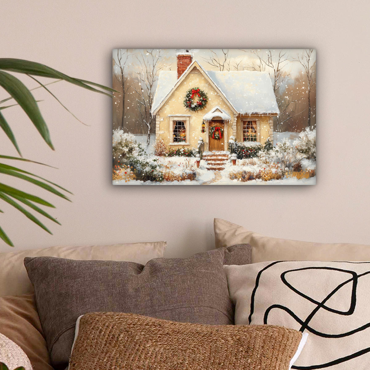 LEINWANDBILD Weihnachten - Zuhause - Winter - Schnee Deko Schlafzimmer 30x20 cm - Creme, Textil (30/20cm) - MuchoWow