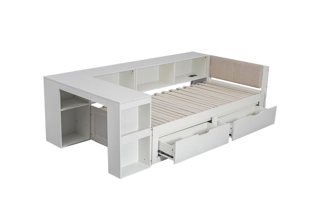 BETT ausziehbar 90x200 cm mit Schreibtisch und 2 Schubladen Weiß - Weiß, Holz (90/200cm) - Meubliv