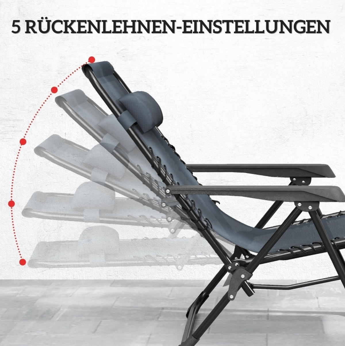 SONNENLIEGEN-SET aus Metall 90x65x110 cm Grau klappbar mit Beistelltisch, Getränkehaltern und Kopfstützen - Grau, Metall (65/110/90cm) - Modfu