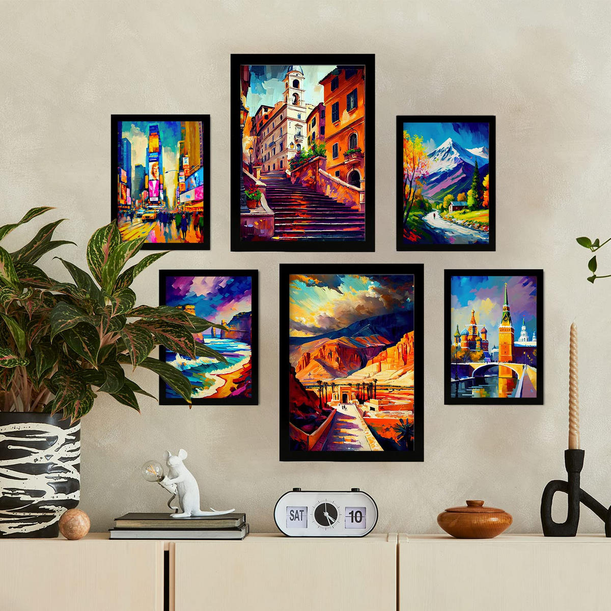 POSTER Set Mit 6 Warm Im Ölgemälde Stil A3 & A4 Schwarzer Rahmen - Schwarz, Papier (29/3cm) - Nacnic