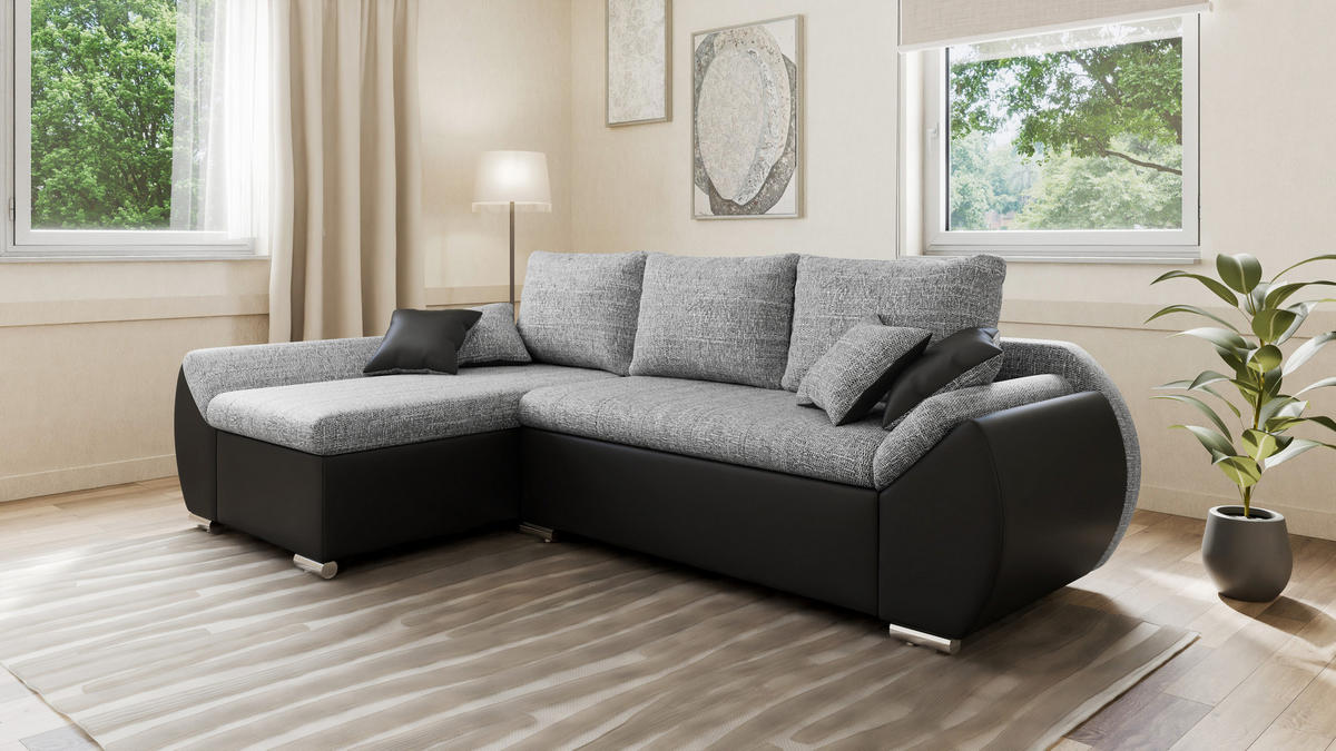 ECKSOFA - ALEX – Grau + Schwarz (Lawa 05 + Soft 11) - Links - Grau, Holzwerkstoff/Metall (275/155cm) - Möblo