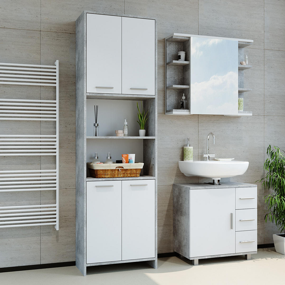 BADSCHRANK Maris Beton 56.1 x 190 cm - Schieferfarben/Weiß, Holzwerkstoff (56.1/190/30cm) - Vicco