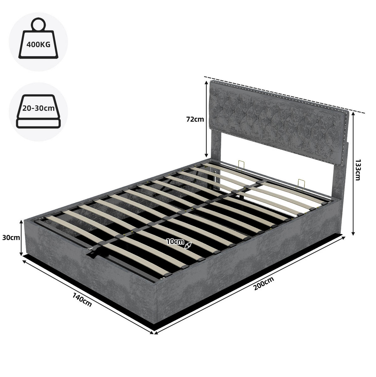 POLSTERBETT 140/200 cm mit hohem Kopfteil, Holzlattenrost und Stauraum unter dem Bett, Grau - Grau, Textil (140/200cm) - Redom