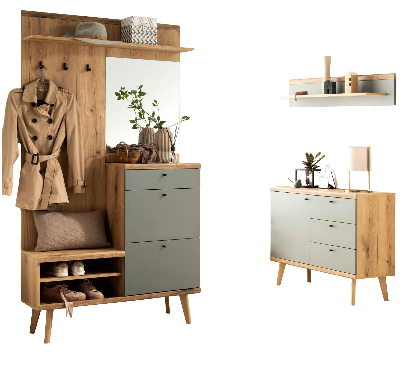 GARDEROBEN-SET 3-teilig Evoke Eiche, Salbei, Garderobenkombination skandinavisch 227 x 200 cm - Salbeigrün/Eichefarben, Glas/Holz (237/200/40cm) - Furn.Design