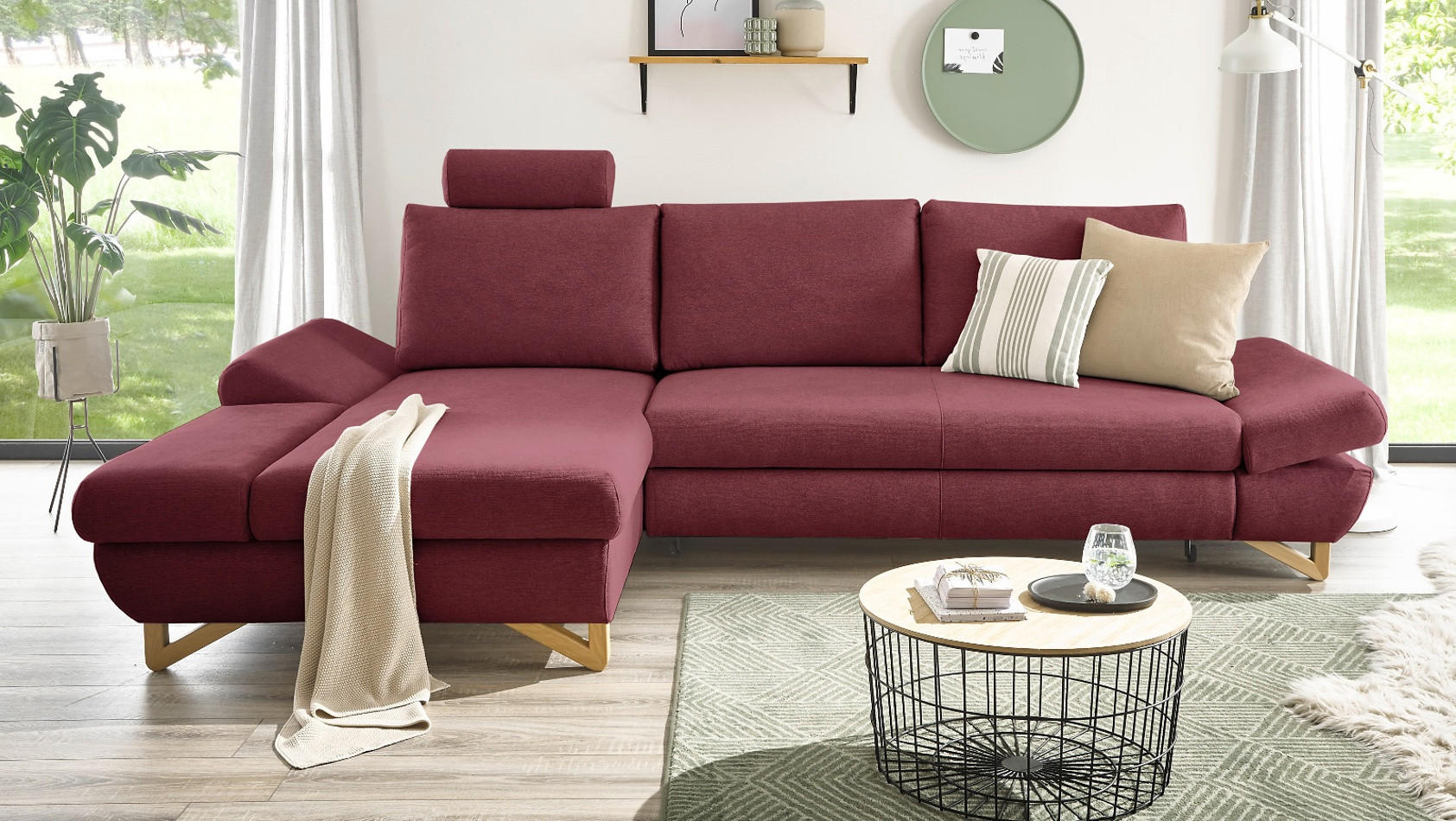 ECKSOFA bordeaux Velours, Sofa mit Bettfunktion und Stauraum 284 cm - Bordeaux, Holz/Textil (166/284cm) - Furn.Design