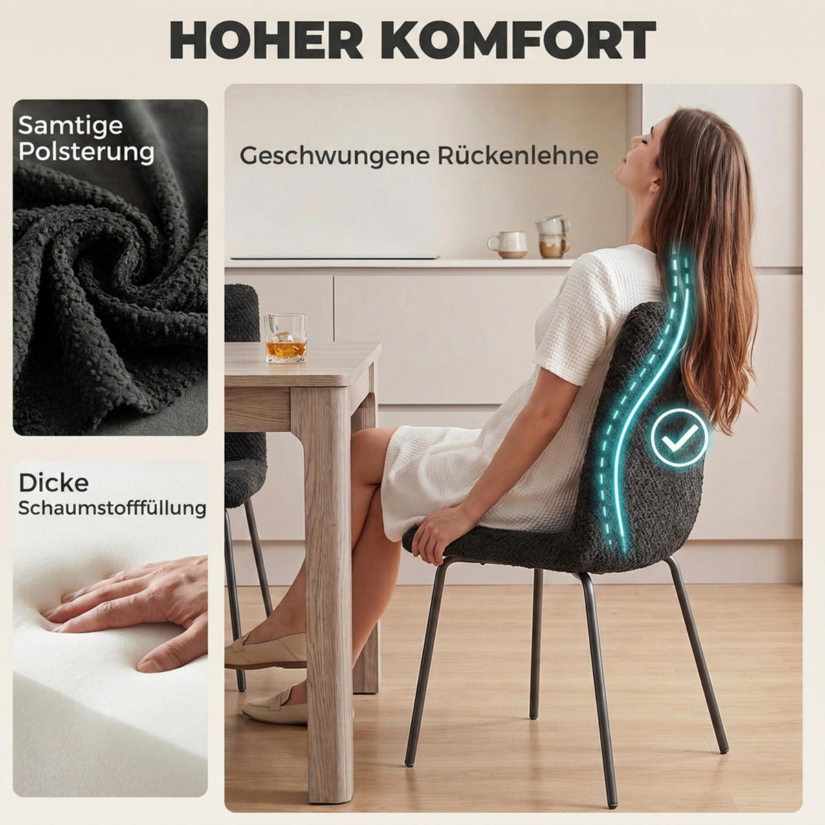 ESSZIMMERSTUHL Samt 100 Polyester Dunkelgrau - Dunkelgrau, Textil/Metall (45/89/57cm) - HOMCOM