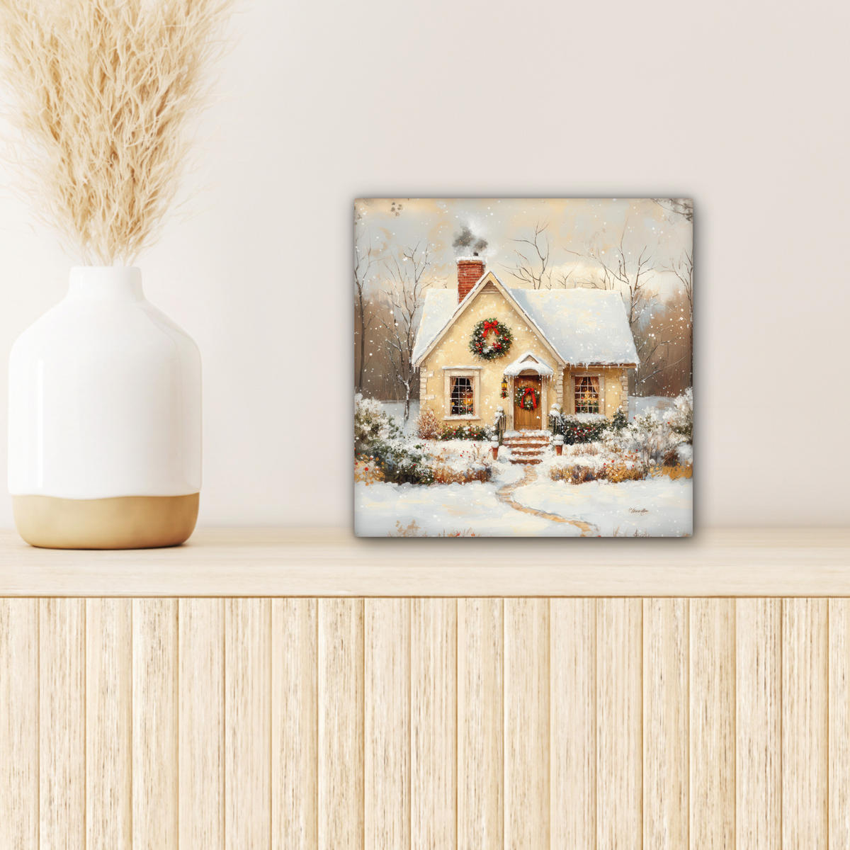 LEINWANDBILD Weihnachten - Zuhause - Winter - Schnee Deko Wohnzimmer 20x20 cm - Creme, Textil (20/20cm) - MuchoWow
