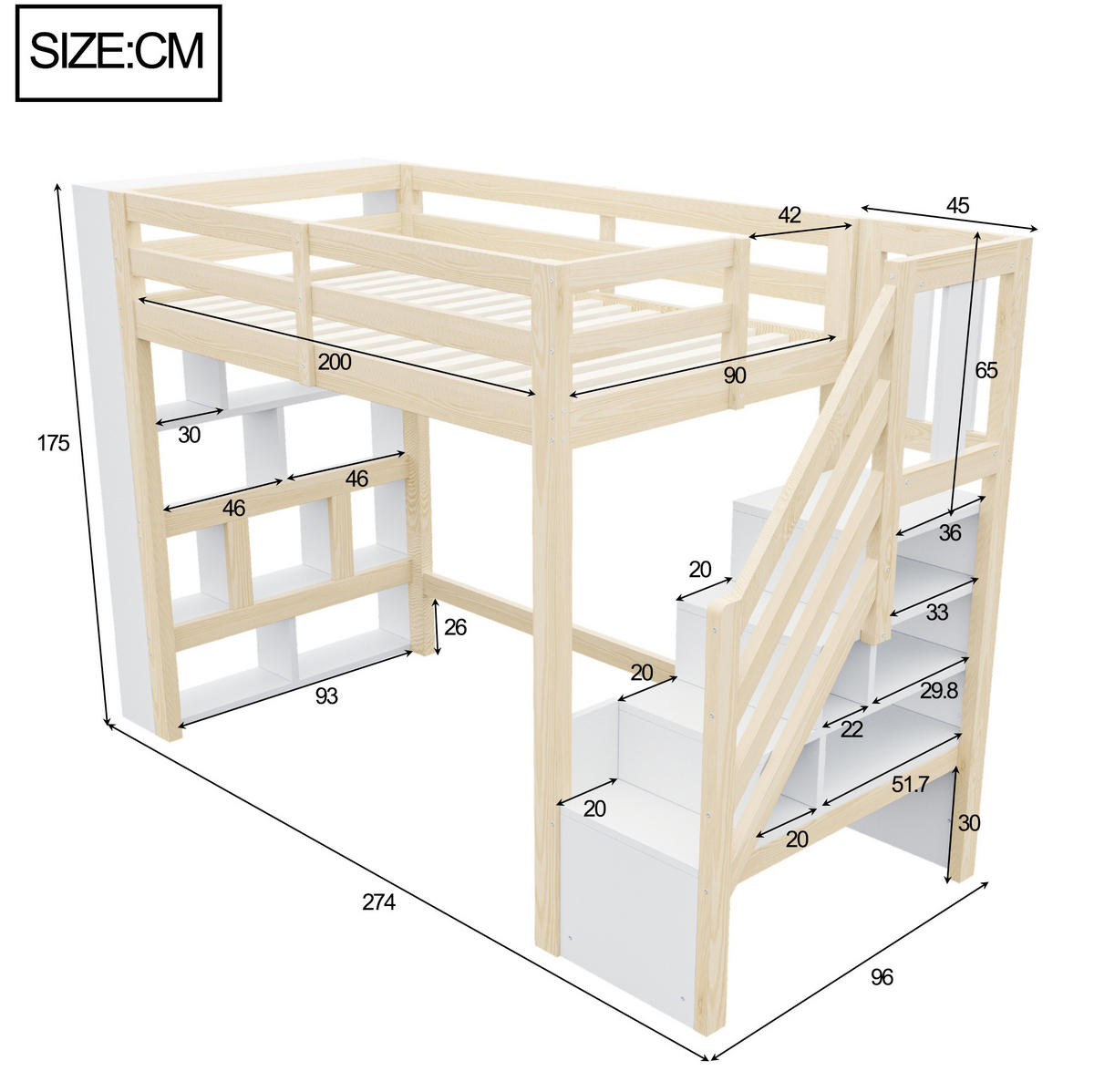 HOCHBETT aus Kiefernholz 90x200 cm Natur/Weiß mit Stauraumtreppe, Regalfächern und LED-Beleuchtung - Weiß, Holz (90/200cm) - Modfu