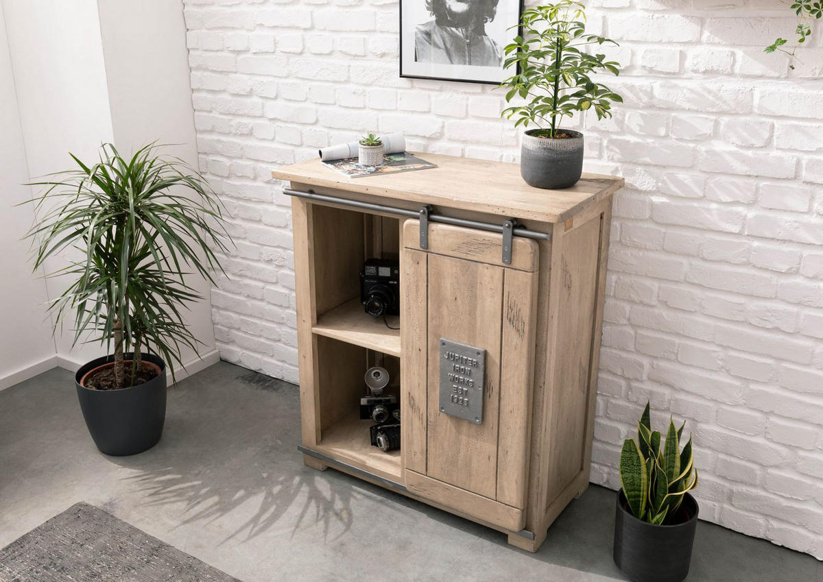 KOMMODE Mango 90x45x100 whitewash lackiert RAILWAY #303 - Beige, Holz (90/100/45cm) - Massivmoebel24
