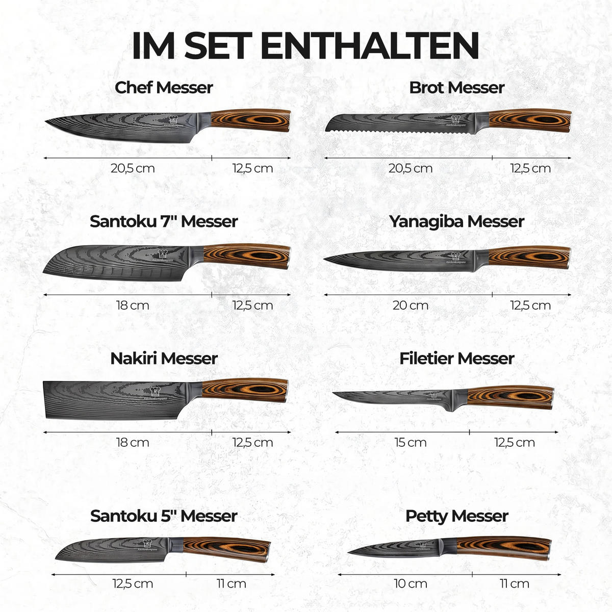 MESSER-SET 8-tlg. mit Edelstahlklingen und ergonomischen Pakkaholz-Griffen - Braun, Holz/Metall - Küchenkompane