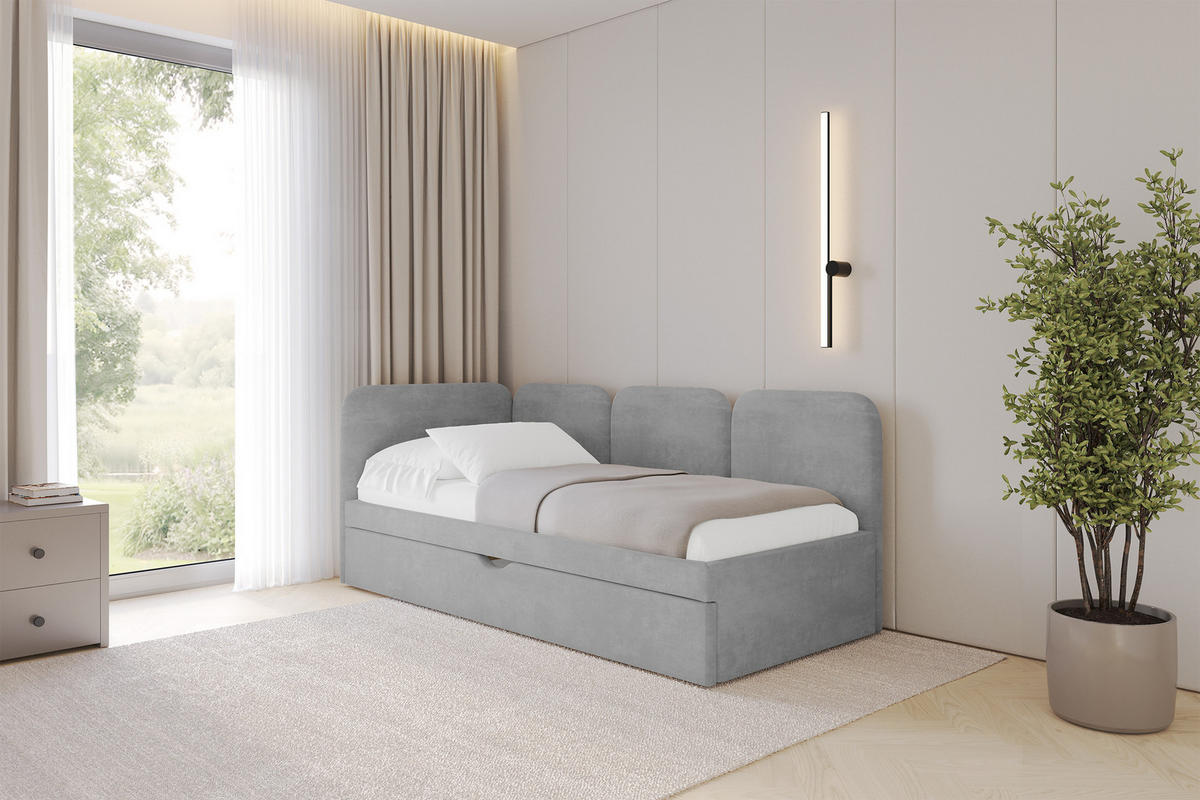 EINZELLBETT Jugendbett mit Bettkasten, Rechts - ALVY 80x200 Grau - Silberfarben, Holzwerkstoff/Textil (80/200cm) - ALTDECOR