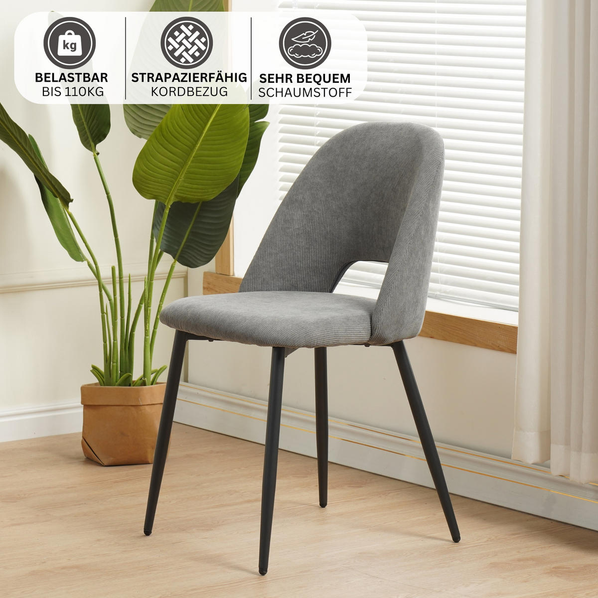 ESSZIMMERSTUHL SILVI Cord 2er Set Grau - Grau, Metall (48/81/53cm) - Albatros