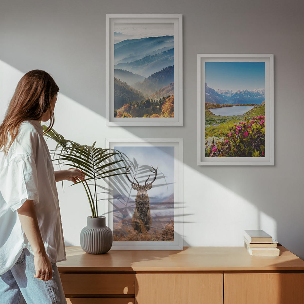 WANDBILDER 3er-Set - 40x60 cm Weißer Rahmen - Natur des Bergseehirsches - Weiß, Kunststoff (40/60cm) - ArtPrintCave