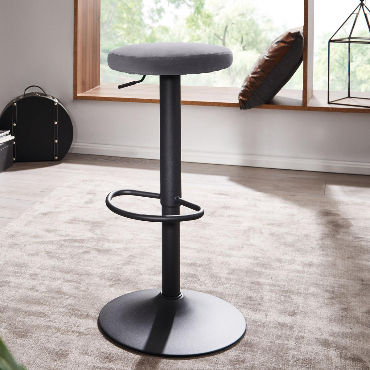 BARHOCKER Höhenverstellbar Eisen Samt Drehbar CAMPANIA, Grau 40x40x79 cm - Schwarz/Grau, Textil/Metall (40/79/40cm) - KADIMA DESIGN